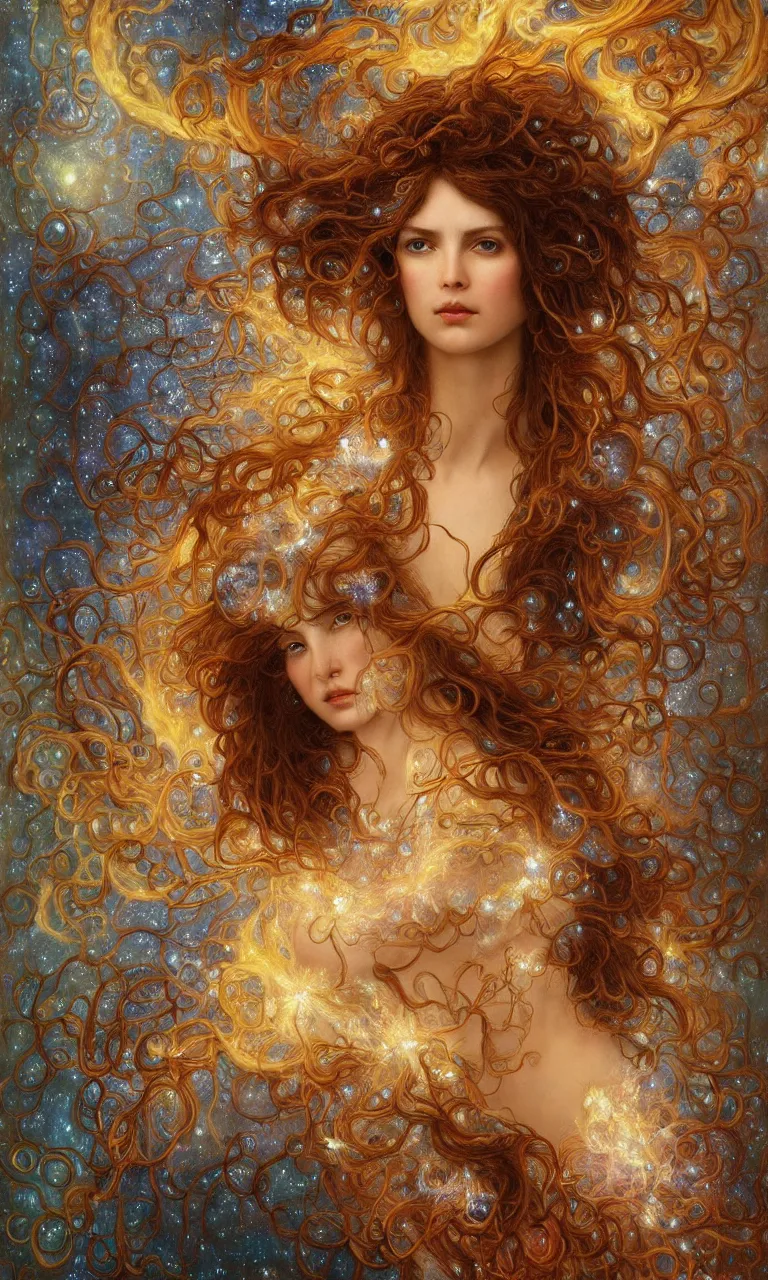 Prompt: ultra realist breathtaking detailed soft painting of a full size portrait of a beautiful fire bride, a cosmic nebulae behind her, long fire hair and dress of fireflies, symmetrical facial features, christian saint in the middle of a stained glass of flames, photorealistic, fine intricate art nouveau frame, by Tom Bagshaw, wlop, Alfons Mucha, trending on artstation