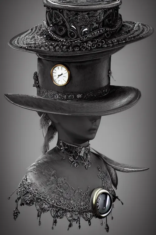 Prompt: a timekeeper with a pocket watch face. silk hat, full body, dark fantasy, concept art, gothic, intricate, ornate, ultra realistic, octane render