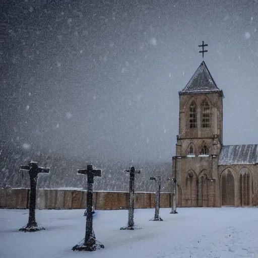 Image similar to a cathedral on a snowy plain with icicles forming on the roof. there is snow falling down from the sky which is overcast.