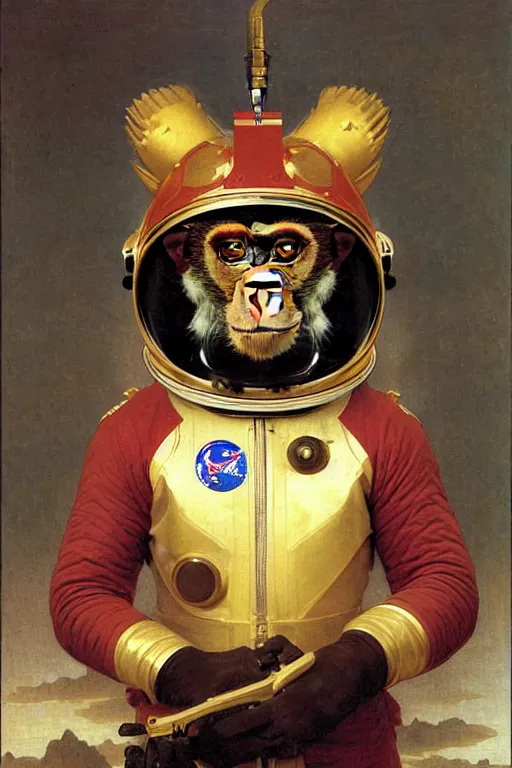 Image similar to portrait of a monkey astronaut with chinese dragon armor and helmet, majestic, solemn, by bouguereau