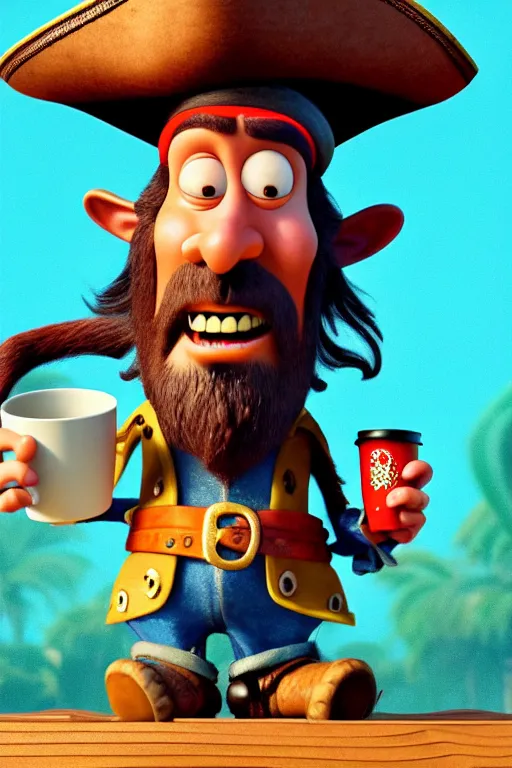 Image similar to portrait of the pirate blackbeard holding a cup of coffee, full body with a pirate ship on background. pixar disney 4 k 3 d render funny animation movie oscar winning trending on artstation and behance. ratatouille style.