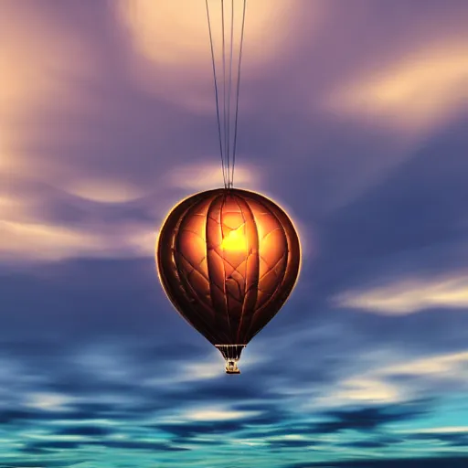 Prompt: steampunk hot air balloon, skimming on top of clouds, intricate, sunset, beautiful composition. 3 d render