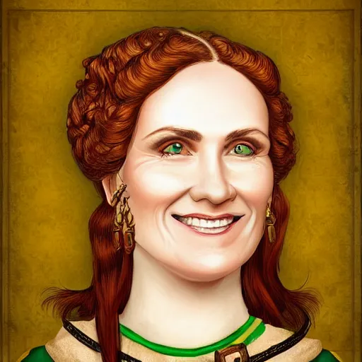 Prompt: head portrait, full faced, 40 years old women, light smile, dark red hair, green eyes, in beige expensive historic clothing, high detail, digital art, medieval fantasy