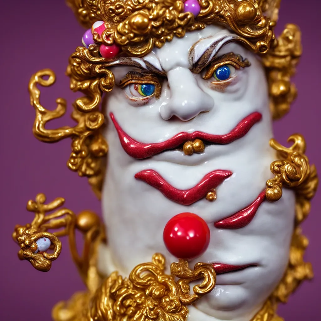 Prompt: a closeup photo - real delicate ceramic porcelain sculpture of an ornate detailed clown, made of lollypops, in front of an intricate background by rafael, micro detail, backlit lighting, subsurface scattering, translucent, thin porcelain, octane renderer, colorful, physically based rendering, trending on cgsociety