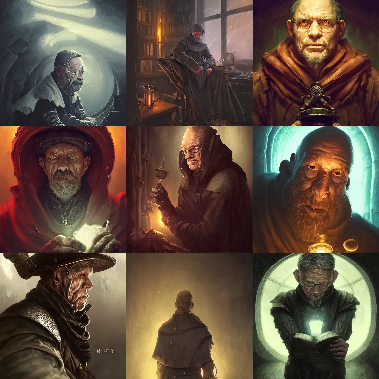 Prompt: portrait of an old, medieval alchemist in the dark, he is looking into the distance thoughtfully!!. close up, leaning head, studio lighting bright ambient lighting key light, fantasy, detailed, photorealistic portrait by michael komarck, greg rutkowski, victo ngai, artgerm and j. dickenson