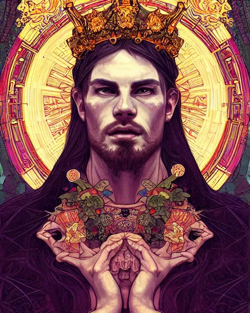 Image similar to symmetrical, centered, young and handsome god close - up portrait wigh crown made of skulls. artwork by tooth wu and wlop and alena aenami and alphonse mucha, brian froud, pablo amaringo