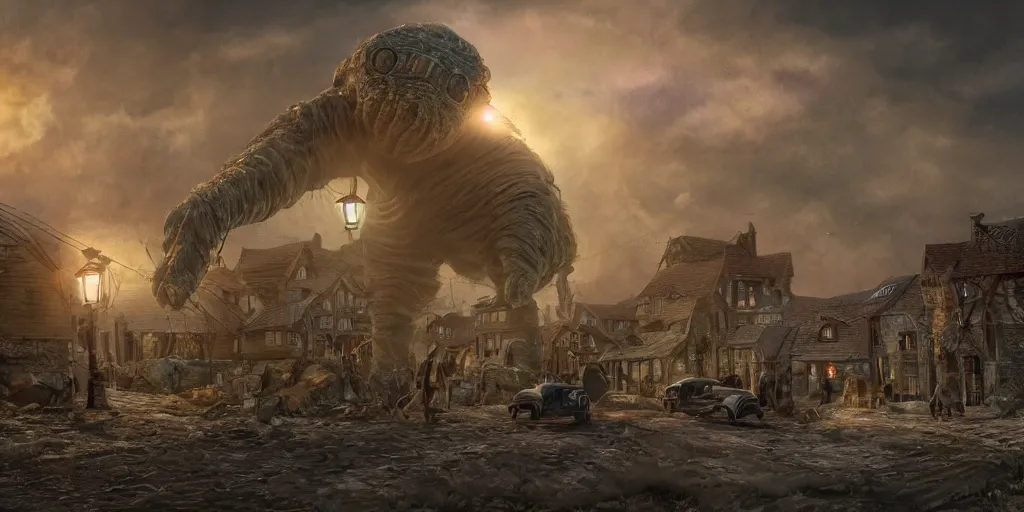Image similar to Intricate detailed illustration, A giant human tardigrade hybrid attacking a 1940s village, cinematic lighting, by Philip Hood, wide angle, volumetric light scattering, 8k, artstation, concept art,