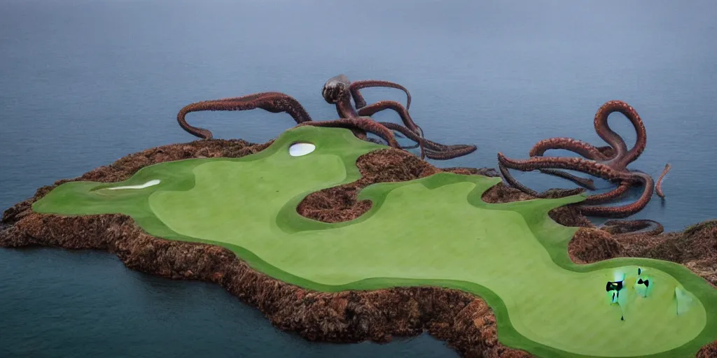 Image similar to a great photograph of the most amazing golf hole in the world, surrounded by water, giant octopus, ambient light, golf digest, top 1 0 0, fog