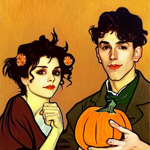 Image similar to painting of handsome young delicate beautiful jeffrey in his 2 0 s with brown hair and gorgeous rina together at the jack o'lantern halloween party holding pumpkins, elegant, clear, painting, stylized, art, art by alphonse mucha, vincent van gogh, egon schiele,