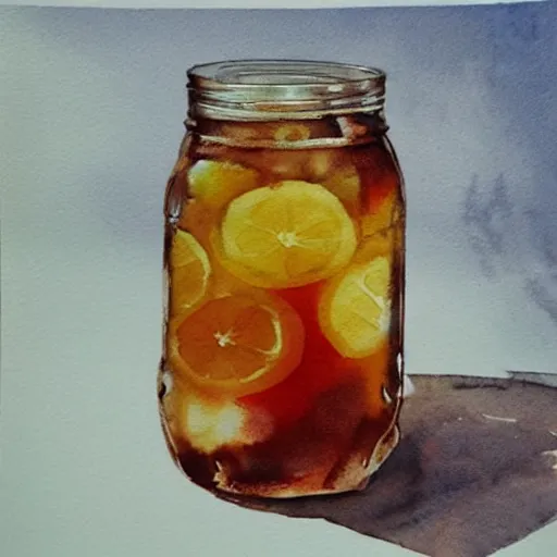 Image similar to Ice Tea in a mason jar, Watercolor, photorealistic, high resolution, award winning, trending on artstation, art by artgerm, best selling on redbubble