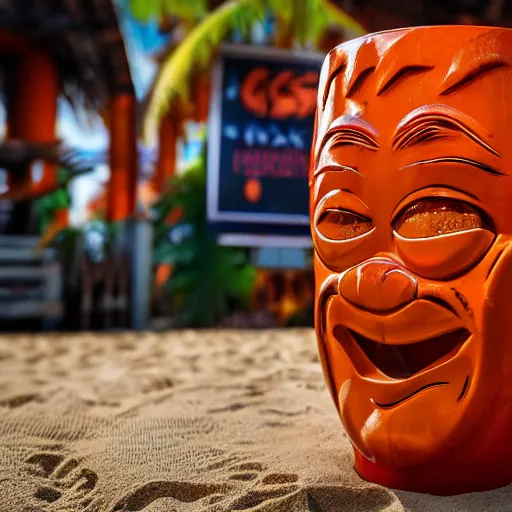 Image similar to a closeup photorealistic photograph of a glossy orange cat garfield style tiki mug sitting at a trader vic's beach bar featuring garfield's face. tiki theme. bright scene. fine detail. this 4 k hd image is trending on artstation, featured on behance, well - rendered, extra crisp, features intricate detail, epic composition and the style of unreal engine.