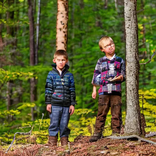 Prompt: two Chippewa boys stalk a small black bear in the forest in the style of John Mix Stanley
