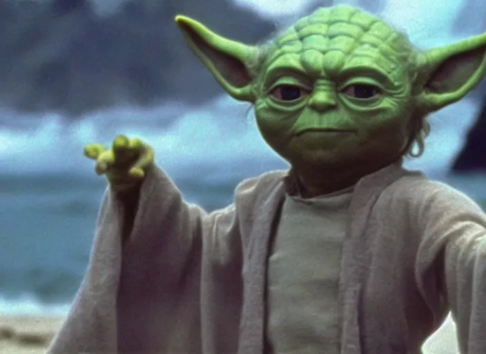 Image similar to a film still of yoda in baywatch 1 9 8 9