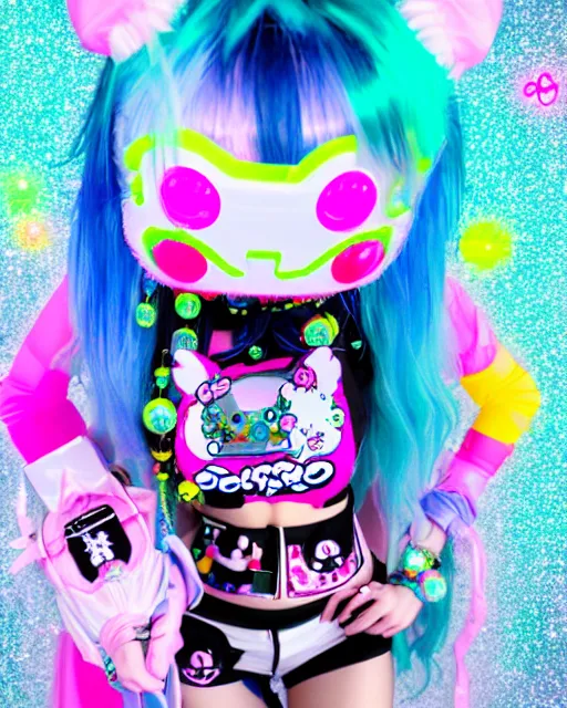 Image similar to cybergoth decora glitchcore yokai girl, sanrio tamagotchi moe ornaments, pastel cute cinematography