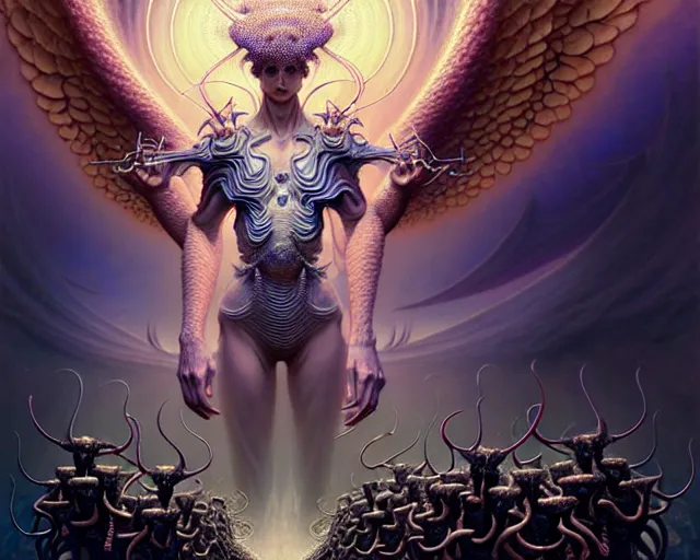 Prompt: drone view of an angel surrounded by an army of endless demons, fantasy character portrait made of fractals facing each other, ultra realistic, wide angle, intricate details, the fifth element artifacts, highly detailed by peter mohrbacher, hajime sorayama, wayne barlowe, boris vallejo, aaron horkey, gaston bussiere, craig mullins