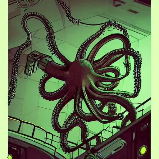 Image similar to Octopus fixing a computer, Industrial Scifi, detailed illustration, Chiaroscuro, character portrait, by Martin Grip and Moebius