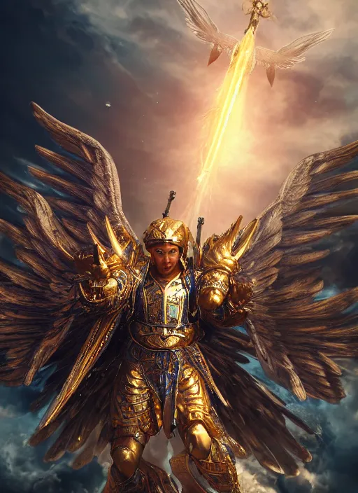 Image similar to archangel micheal flying in sky by huang guangjian, taekwon kim rostbite 3 engine, cryengine, dof, trending on artstation, digital art, chanel, dior, fantasy and detailed and intricate background