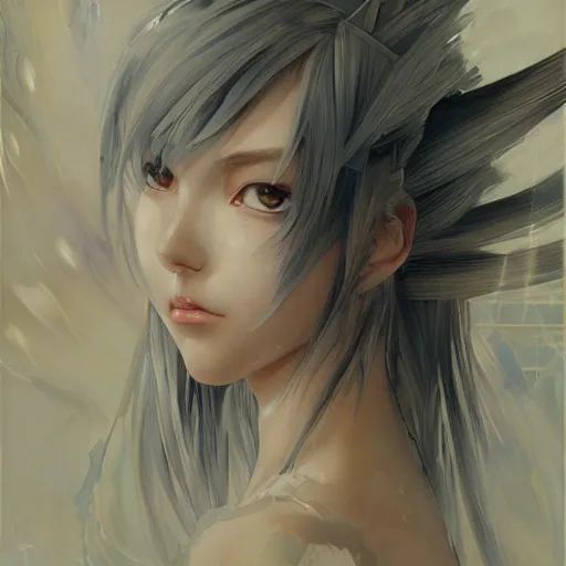 Image similar to Soft oil portrait with broad brush strokes of an anime girl with a long white hair wearing Elden Ring armour with engraving in the style of Yoji Shinkawa, expressive brush strokes, hairs fluttering on the wing, noisy film grain effect, highly detailed, Renaissance oil painting, weird portrait angle, blurred lost edges, three quarter view