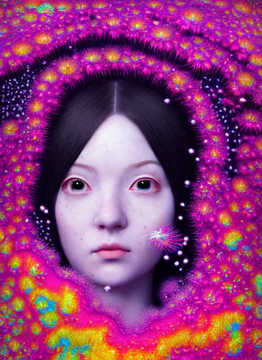 Prompt: hyper detailed 3d render like a Oil painting - kawaii portrait Aurora (serious hacker girl Singer) seen Eating of the Strangling network of yellowcake aerochrome and milky Fruit and Her delicate Hands hold of gossamer polyp blossoms bring iridescent fungal flowers whose spores black the foolish stars by Jacek Yerka, Mariusz Lewandowski, Houdini algorithmic generative render, Abstract brush strokes, Masterpiece, Edward Hopper and James Gilleard, Zdzislaw Beksinski, Mark Ryden, Wolfgang Lettl, hints of Yayoi Kasuma, octane render, 8k