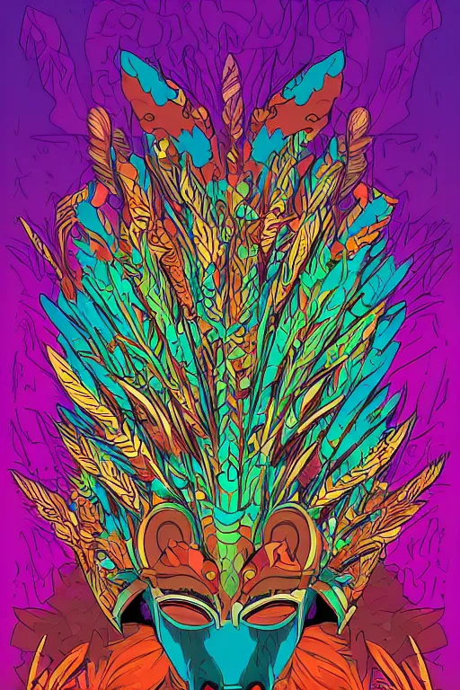 Image similar to animal mask totem roots flower tribal feather gemstone plant wood rock shaman vodoo video game vector cutout illustration vivid multicolor borderlands comics by josan gonzales and dan mumford radiating a glowing aura