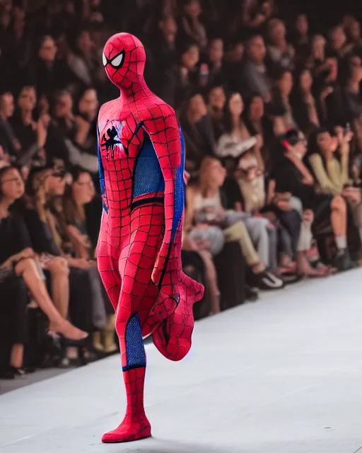 Image similar to hyperrealistic and heavy detailed 2321s Yeezy runway show of spiderman, Leica SL2 50mm, vivid color, high quality, high textured