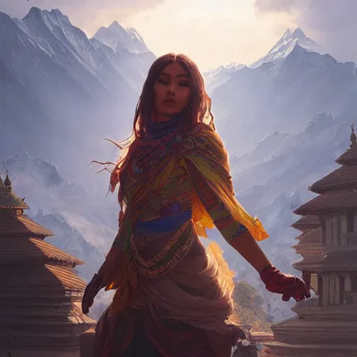 Image similar to painting nepal in year 2 0 7 7, ultra realistic, concept art, intricate details, eerie, highly detailed, photorealistic, octane render, 8 k, unreal engine. art by artgerm and greg rutkowski and alphonse mucha