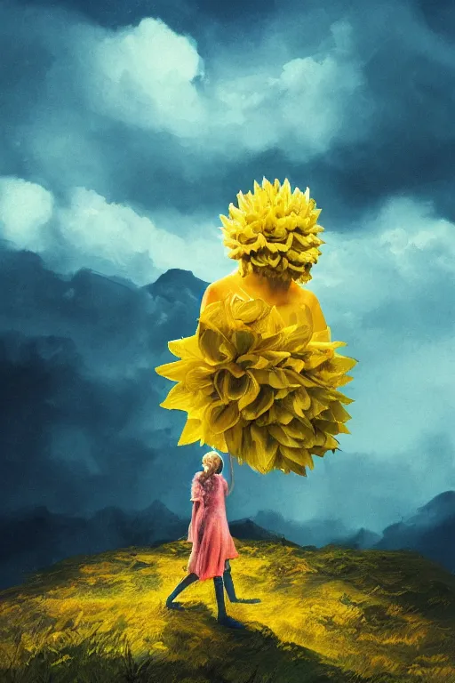 Image similar to closeup girl with huge yellow dahlia flower face, intricate, standing on mountain, surreal photography, blue storm clouds, dramatic light, impressionist painting, digital painting, artstation, simon stalenhag