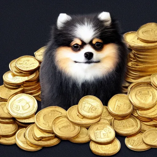 Image similar to A pomeranian wearing a top-hat, sitting on top of a large pile of gold coins