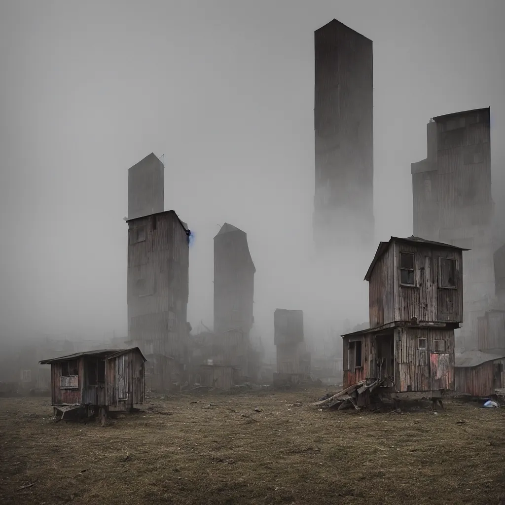 Image similar to two towers, made up of makeshift squatter shacks with faded colours, moody sky at the back, uneven fog, dystopia, mamiya, f 1 1, fully frontal view, ultra sharp, very detailed, photographed by julie blackmon