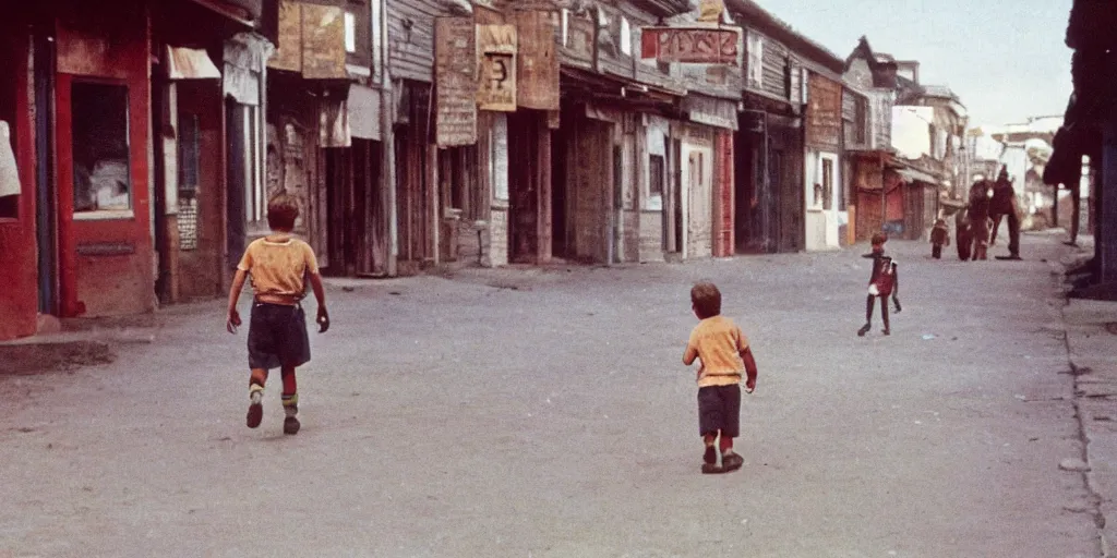 Image similar to color photo of a boy walking down a town in space