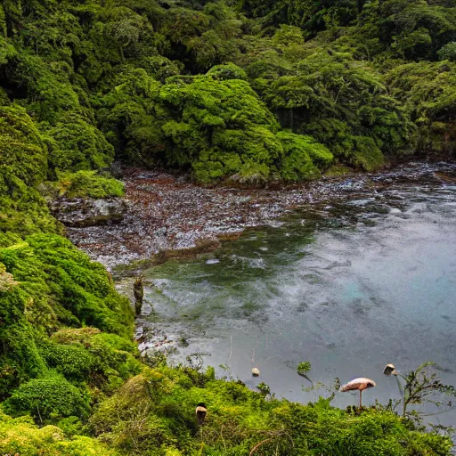 Prompt: View from a small rocky beach of a 200 meter high gorge covered in ancient New Zealand lowland Podocarp forest with vines, epiphytes and Nikau palm trees. A Moa is eating a leaf at the edge of the forest. A small river in the foreground with small brown ducks. Moody stormy day, landscape photography, sunset, 4K