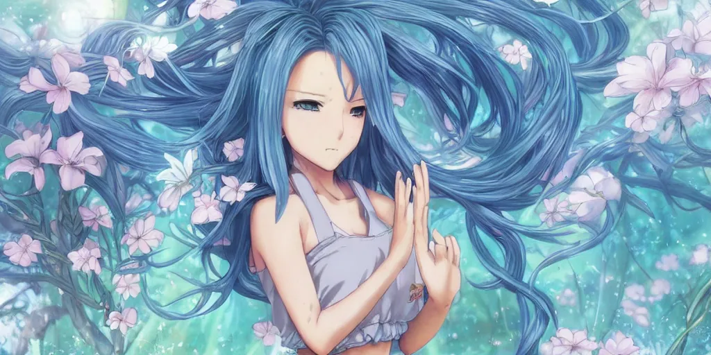Prompt: anime key visual of a pretty girl with blue flowing hair, wearing sweatpants and a crop top, meditating in a magical fantasy garden, lofi feel, magical, highly detailed, digital art, artstation, smooth, hard focus, illustration, art by artgerm - in the style of final fantasy and studio ghibli