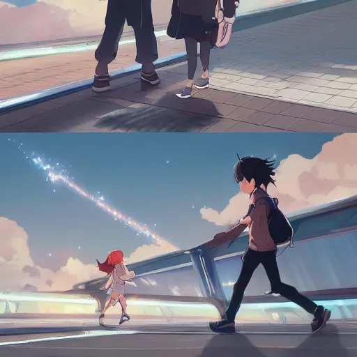 Image similar to a couple meeting up at a trainstation, running at each other with open arms, in the style of Kimi no Na wa. cgsociety masterpiece, artstation trending, by rossdraws, ghibli, your name, greg rutkowski