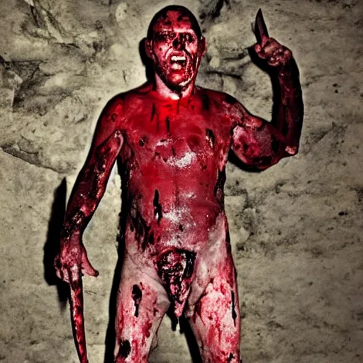 Image similar to big butcher man posing scarily, scary angry pose, covered in blood, fresh kill, cleaver, earie setting, in a cave, horror, hyperdetailed