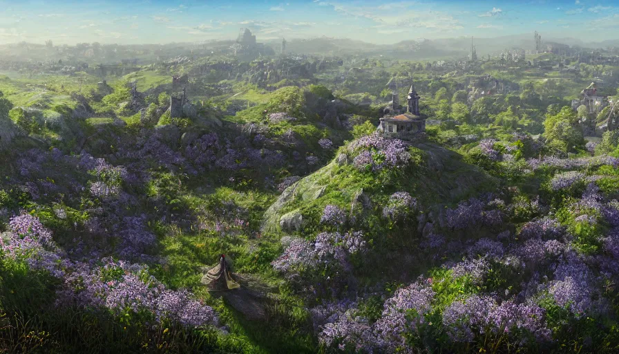 Image similar to landscape painting drone shot of violet evergarden standing on a distant flower hill, behind it a distant old german city, blue sky, sunshine, fantasy, intricate, elegant, highly detailed, digital painting, artstation, blender, unreal engine 5, octane render, smooth, sharp focus, illustration, by greg rutkowski