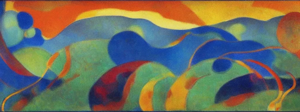 Image similar to An insane, modernist landscape painting. Wild energy patterns rippling in all directions. Curves, organic, zig-zags. Mountains, clouds. Rushing water. Waves. Psychedelic dream world. Odilon Redon. Matisse landscape painting.