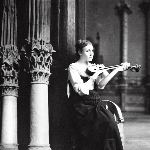 Image similar to a young edwardian woman playing a violin inside a cathedral, black and white photograph