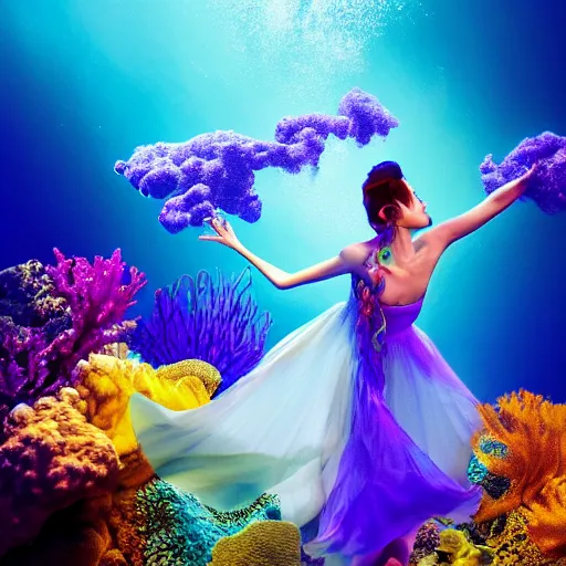 Prompt: woman dancing underwater wearing a flowing dress made of blue, magenta, and yellow seaweed, delicate coral sea bottom, swirling silver fish, swirling smoke shapes, renderman render, caustics lighting from above, cinematic, hyperdetailed