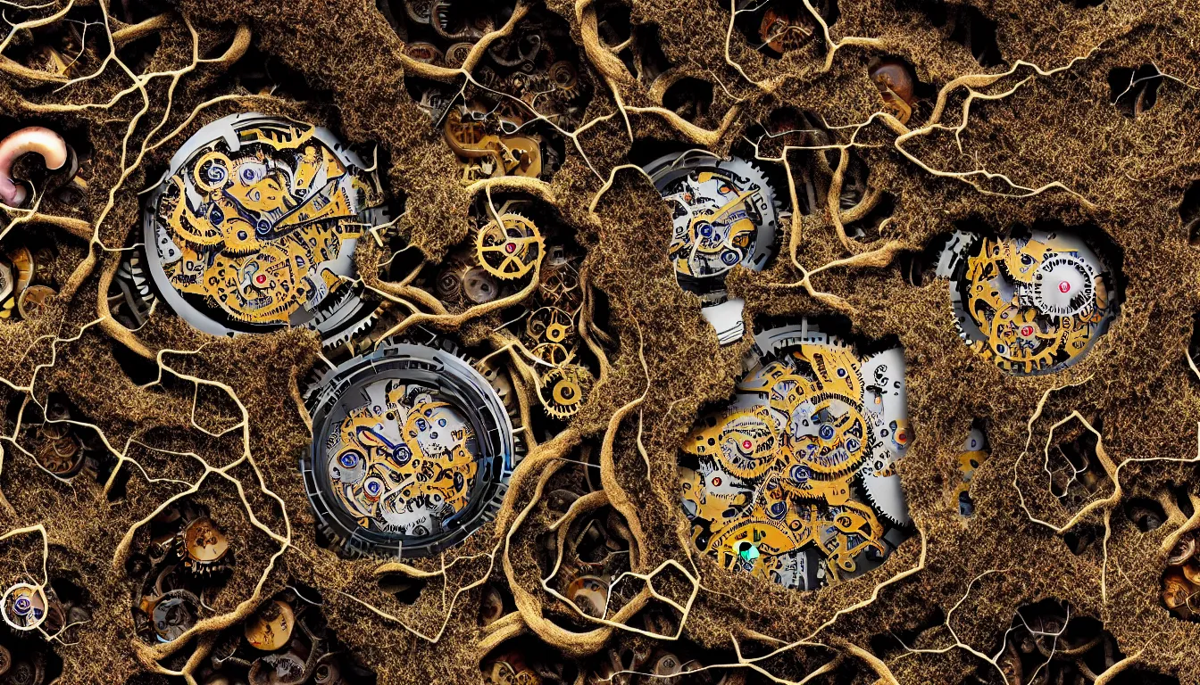 Prompt: detailed view from inside a clockwork watch landscape, entangled roots covered in mushrooms, cracked earth, living spore microorganisms, decaying, rusty, hyper realistic photo, full colour, upscale, 8 k