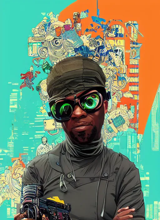 Image similar to chidi igwe. cyberpunk hacker in tactical jumpsuit. portrait illustration, pop art, splash painting, art by geof darrow, ashley wood, alphonse mucha, makoto shinkai