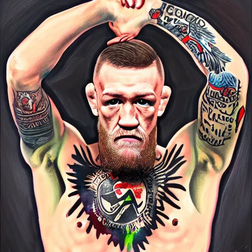 Image similar to conor mcgregor crucified, oil on canvas, digital art, religious, chest tattoo