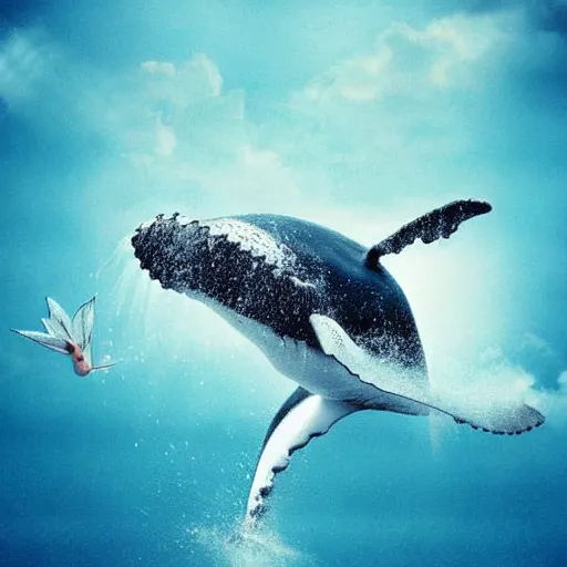 Image similar to photomanipulation of a whale that has tiny fairy wings, fully detailed, inspired by fairy tooth's wings