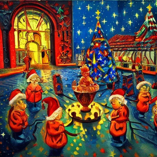 Prompt: intricate five star christmas - themed by pablo picasso, oil on canvas, hdr, high detail, photo realistic, hyperrealism, matte finish, high contrast, 3 d depth, centered, masterpiece, vivid and vibrant colors, enhanced light effect, enhanced eye detail, artstationhd