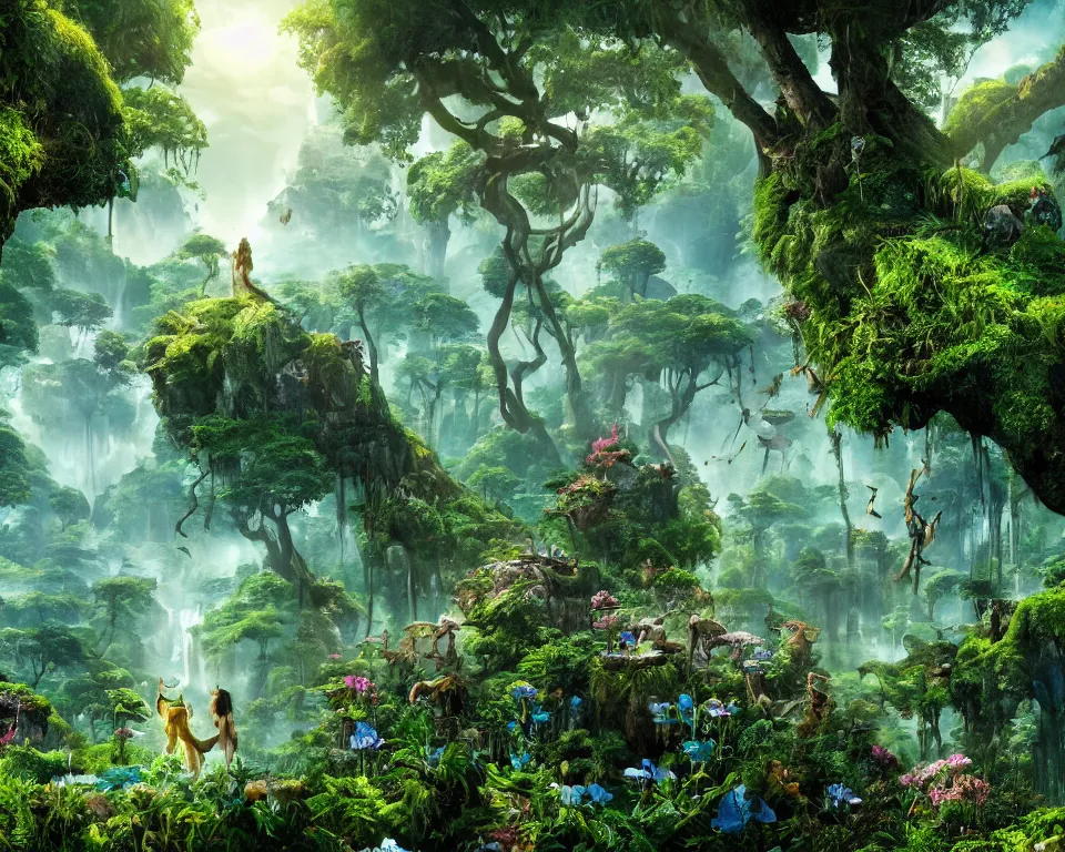 Image similar to the beastlands, avatar ( 2 0 0 9 ), lush landscape, jungle landscape, flowers