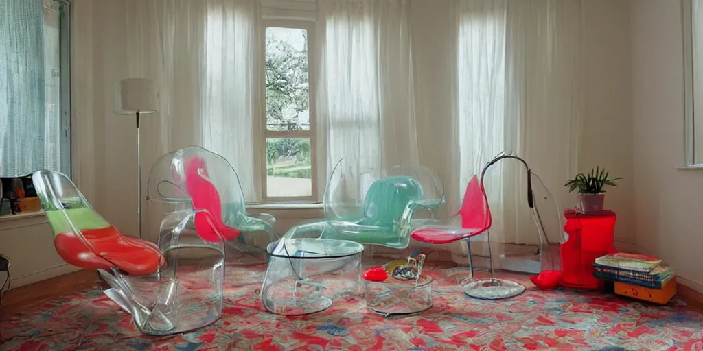 Prompt: a nostalgic room from the 90s with a transparent inflatable chair and lava lamp