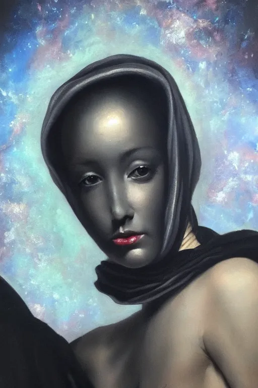 Image similar to hyperrealism oil painting, close - up portrait of medieval fashion model, black silk, steel gradient mixed with nebula sky, in style of baroque