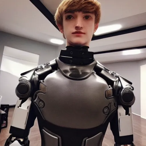 Image similar to “a realistic detailed photo of a guy who is an attractive humanoid who is half robot and half humanoid, who is a male android, twitch streamer Ninja Tyler Blevins, shiny skin, posing like a statue, blank stare, gaming room, close up”