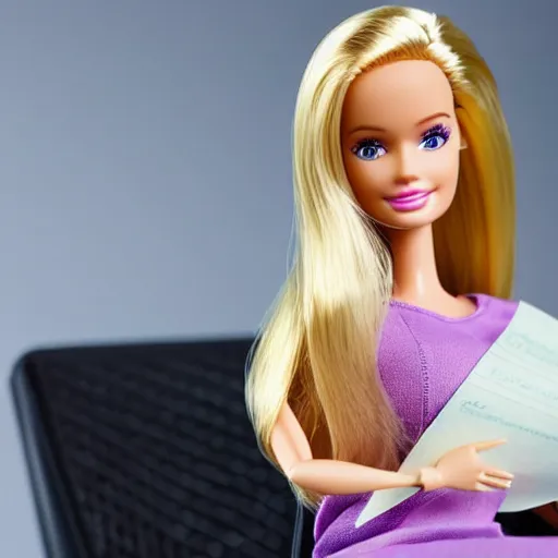 Image similar to a barbie doll with an exhausted look on her face sits at a desk with large stacks of paper on it. her head is resting on her hand. she looks exhausted. stock photo, golden hour, photorealistic, render