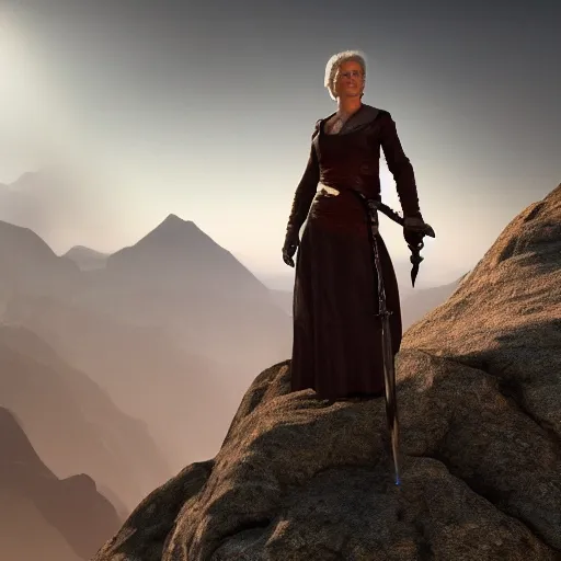 Image similar to a woman with a sword standing in front of a mountain, a character portrait by René Auberjonois, trending on cgsociety, photorealism, reimagined by industrial light and magic, #vfxfriday, anamorphic lens flare