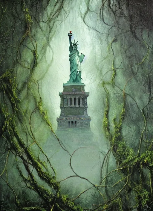 Image similar to hyper detailed oil painting of the statue of liberty; cracked, decaying, covered in moss and vines; thunderstorm; moody cinematic lighting, painted by Greg Rukowtski, trending on Artstation